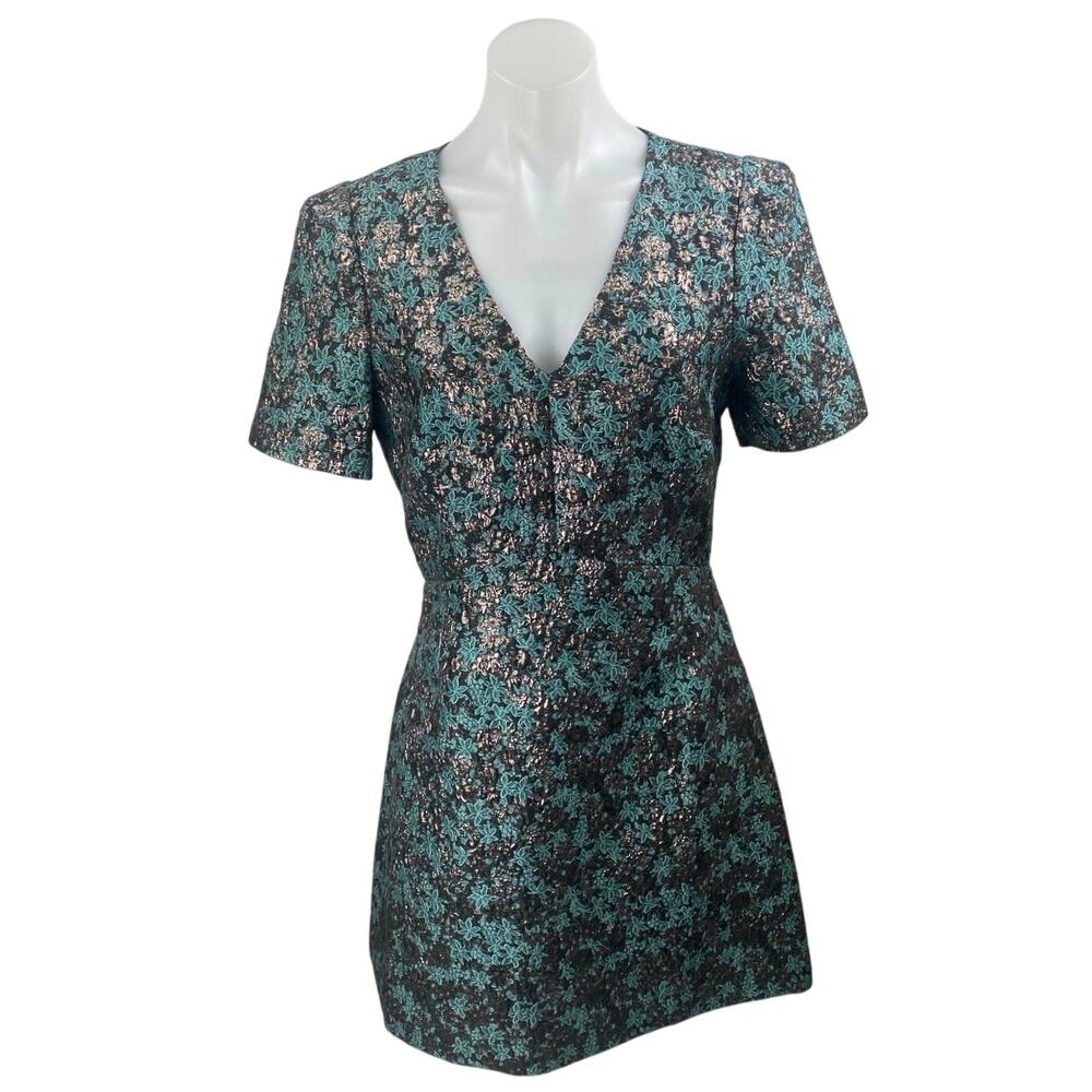 Club Monaco Black Blue Floral Short Sleeve V Neck Mini A Line Dress Size 6
